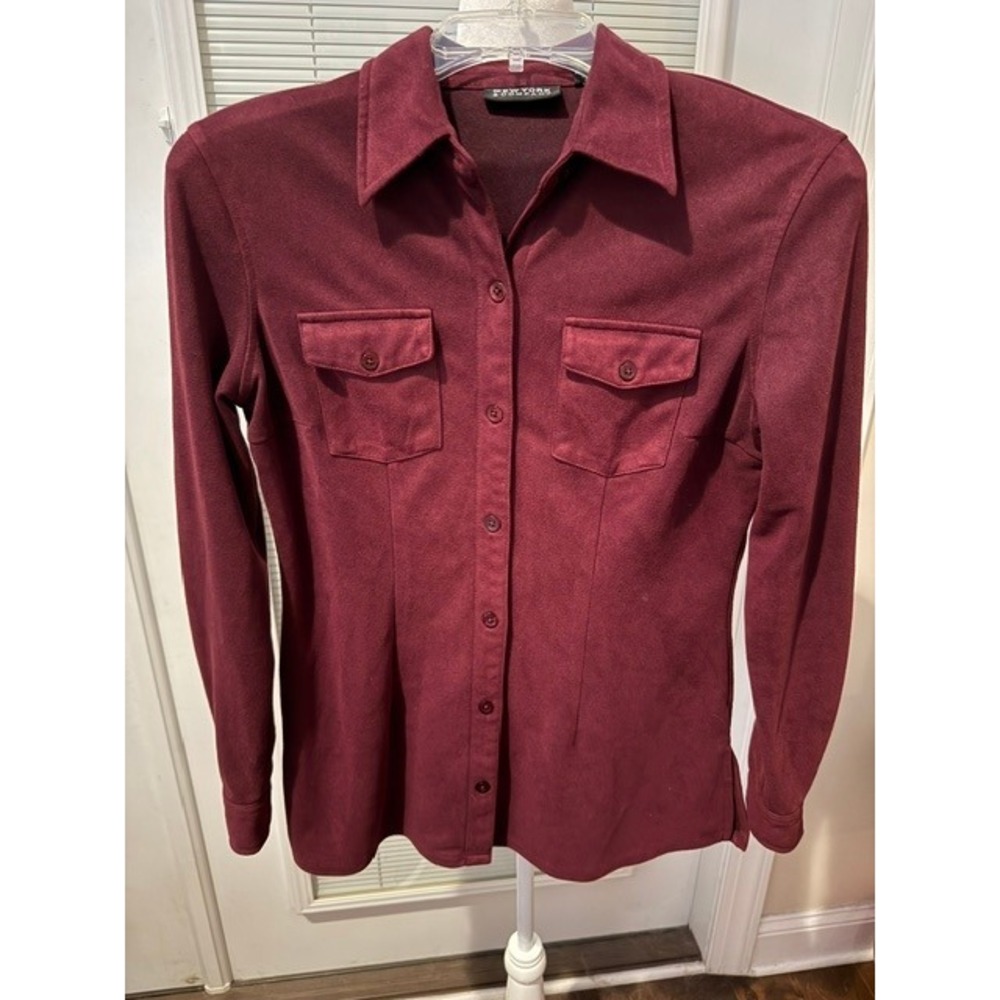 New York & Company Burgundy Faux Suede Button Down Shirt XS Long Sleeve Maroon